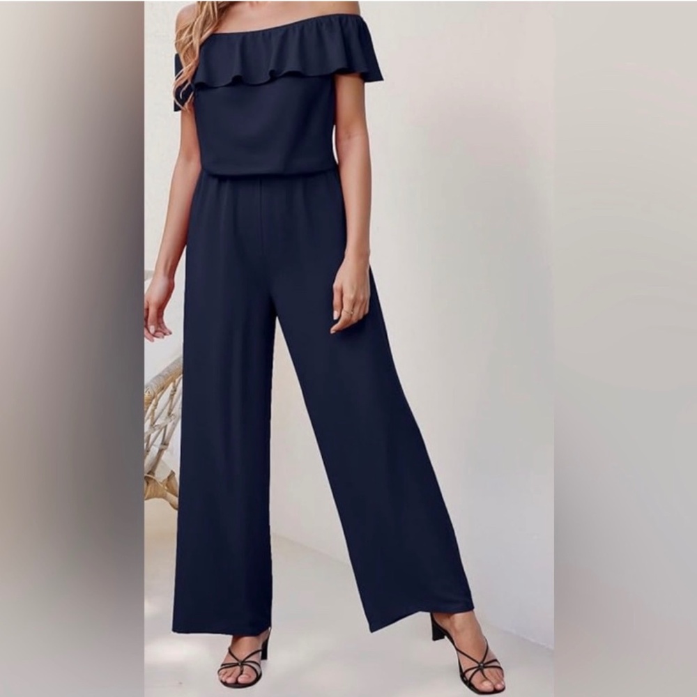 Hybrid & Company Off-the-Shoulder Straight Leg Stretch Jumpsuit Navy Blue 2X‎
